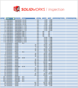 SOLIDWORKS Inspection 成果物（Excel形式の検査ドキュメント）イメージ